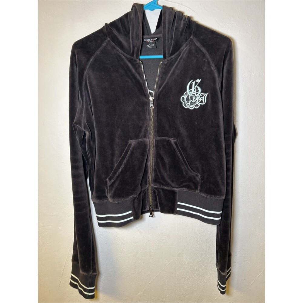Guess Jeans Women’s Large Black & Blue Velour Embroidered Hooded Track‎ Jacket